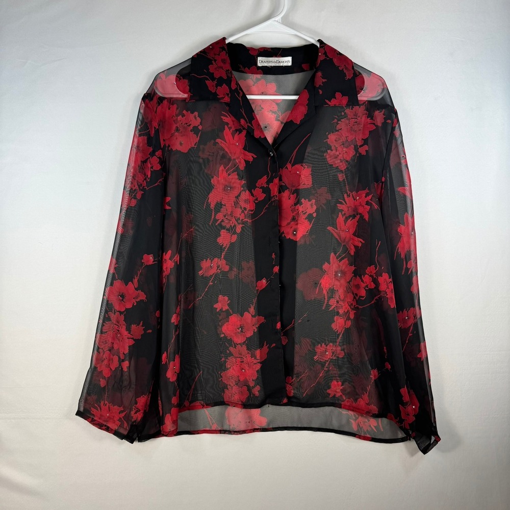 Drapers & Damons Sheer Black Red Floral Rhinestone Mesh Blouse Top Womens XL